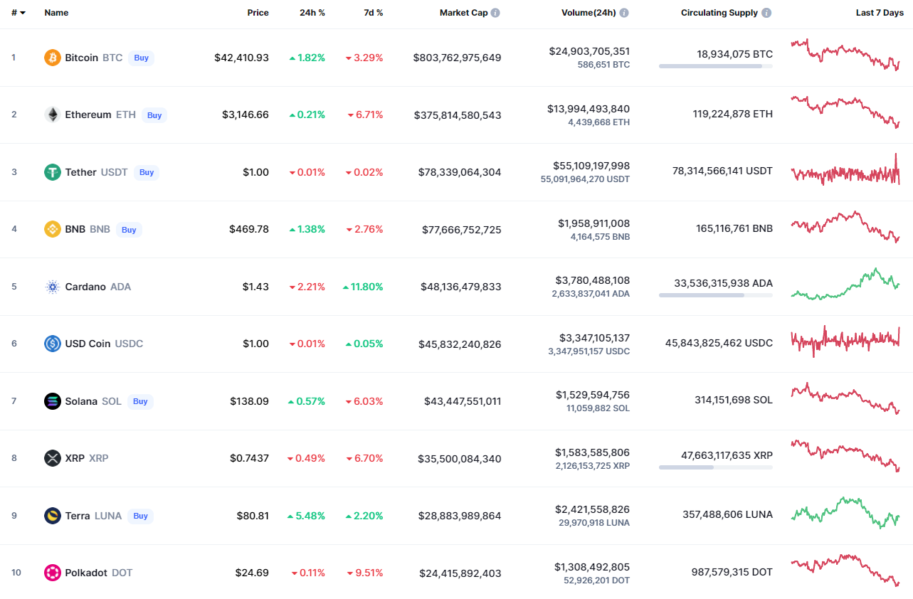 Top Coins According to CoinMarketCap