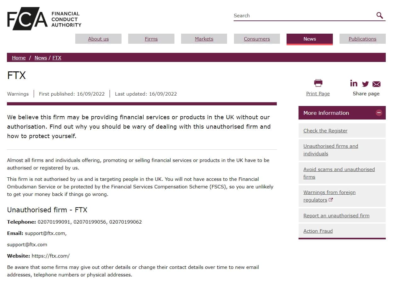 FTX “reported” by the United kingdom monetary regulator