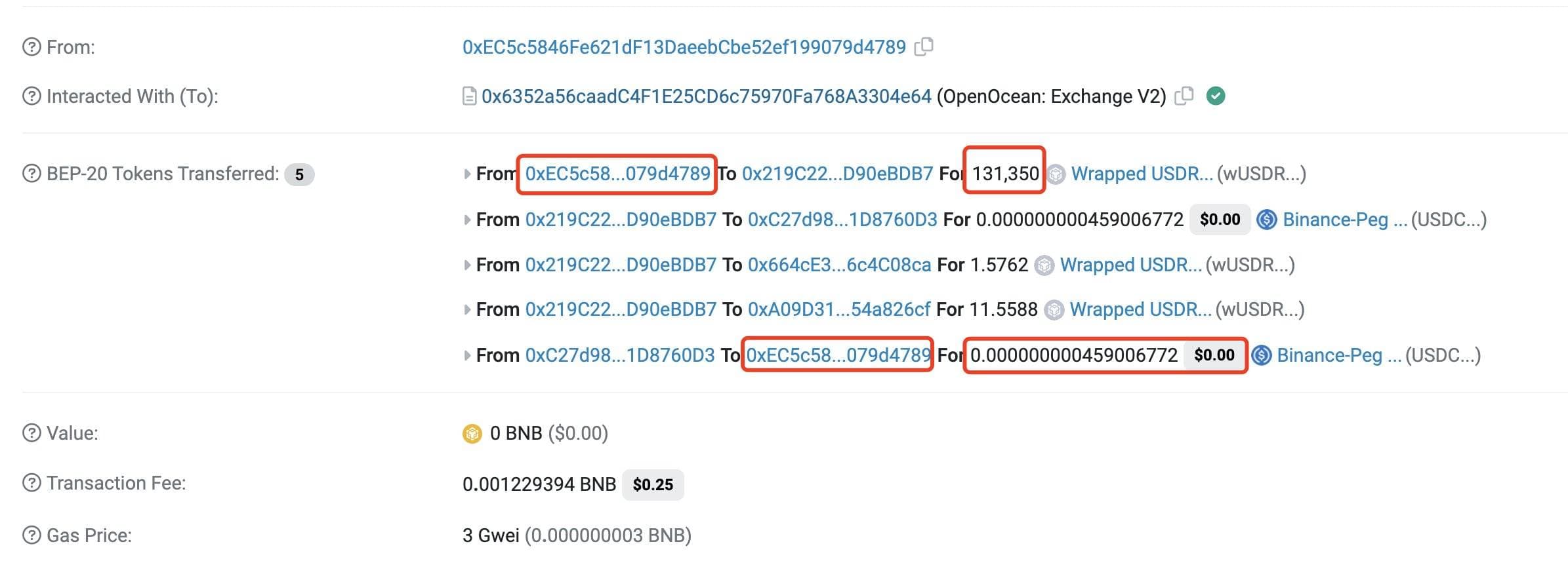 Someone exchanged 131,350 USDR for USDC