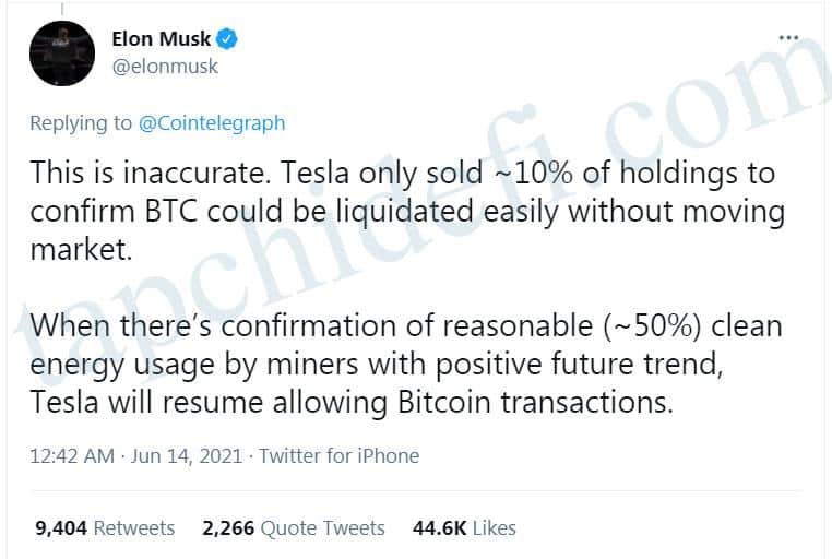 Elon Musk: Tesla will continue to accept Bitcoin when it is mined with clean energy
