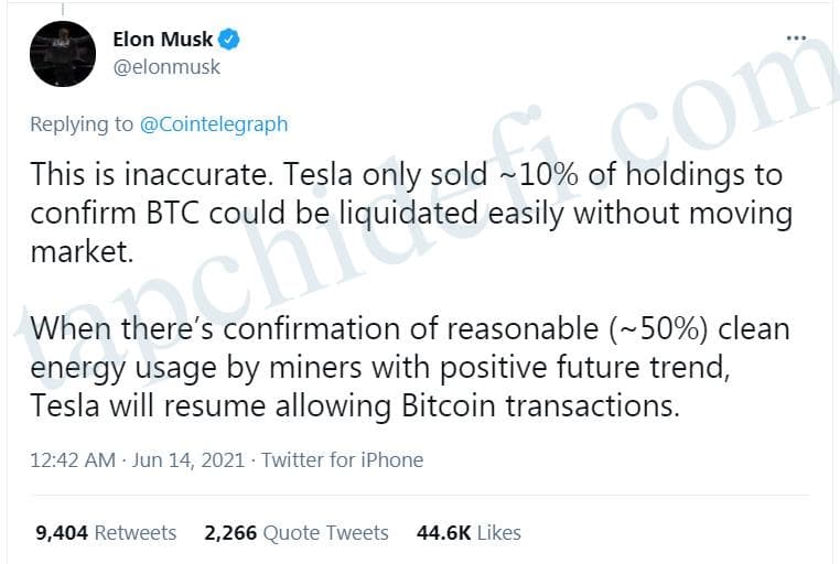 Elon Musk: Tesla will continue to accept Bitcoin when it is mined with clean energy