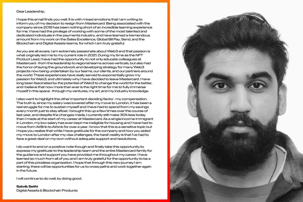 A Mastercard executive sells his resignation letter in the kind of an NFT