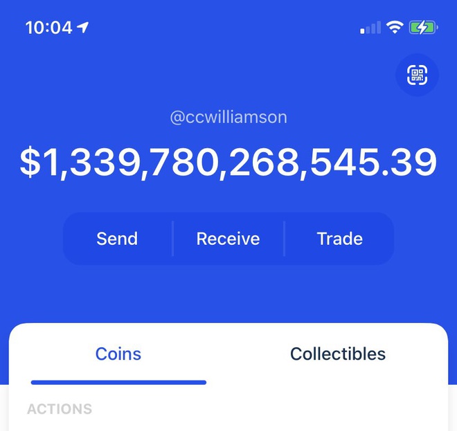 Chris Williamson's wallet account on Coinbase shows a balance of over $1.3 trillion.  Photo: Chris Williamson.