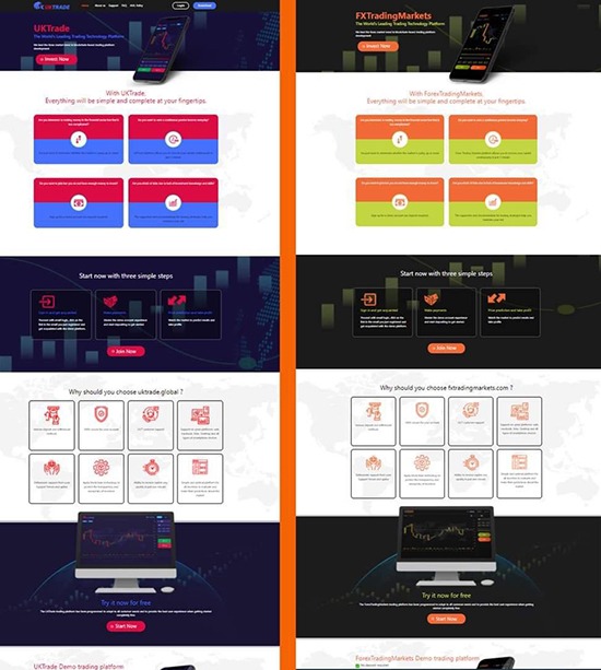 Website of Uktrade (left) and FXTradingMarkets have identical interface.  Screenshots.