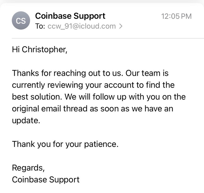 Coinbase's email response to Williamson has not yet concluded that this is an error.  Test appointment support team and "find the best solution".