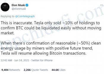 Elon Musk: Tesla will continue to accept Bitcoin when it is mined with clean energy