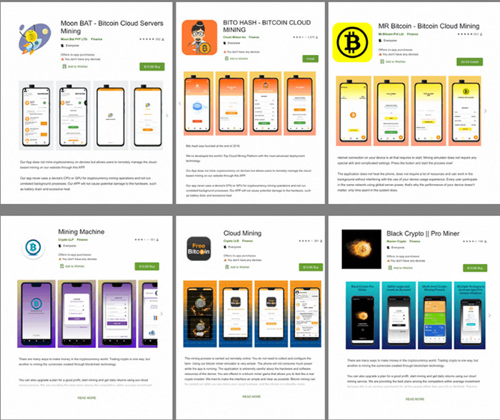 Icons of some cryptocurrency mining scam apps on Google Play.