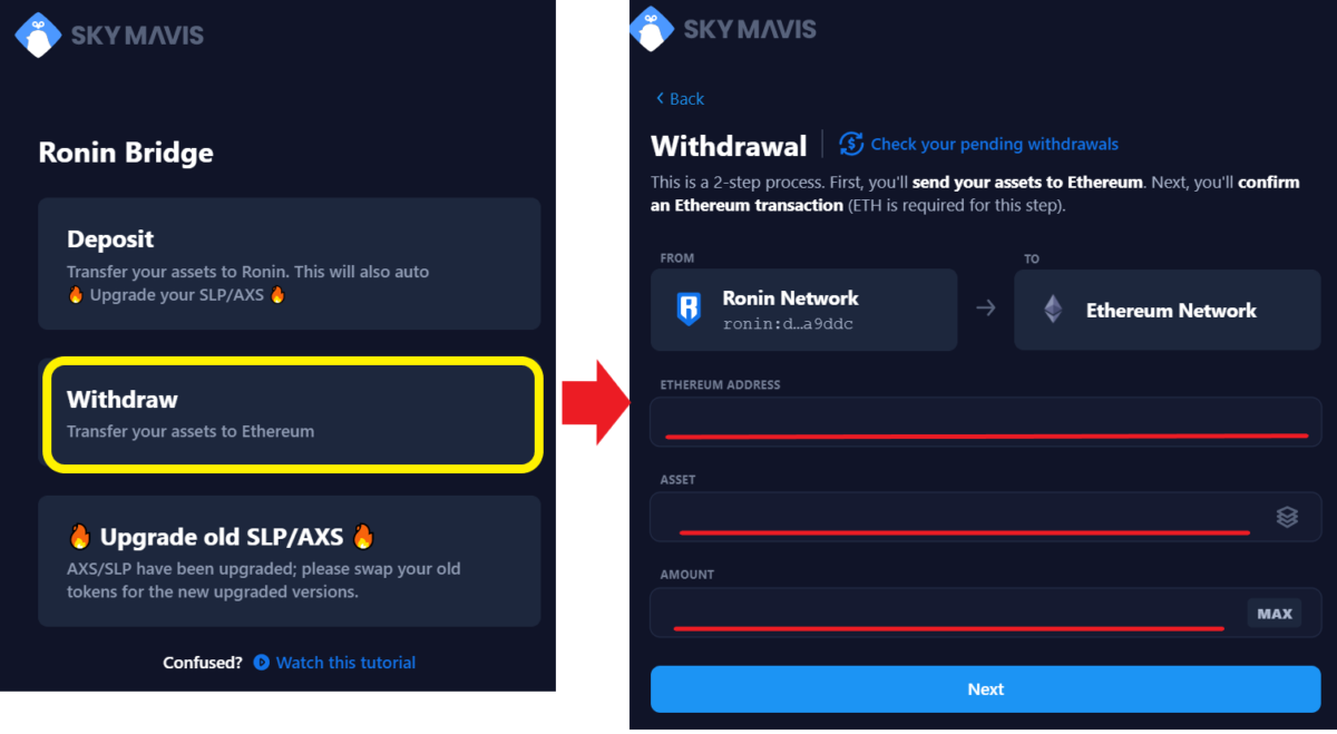 Transfer the Ronin wallet to eth