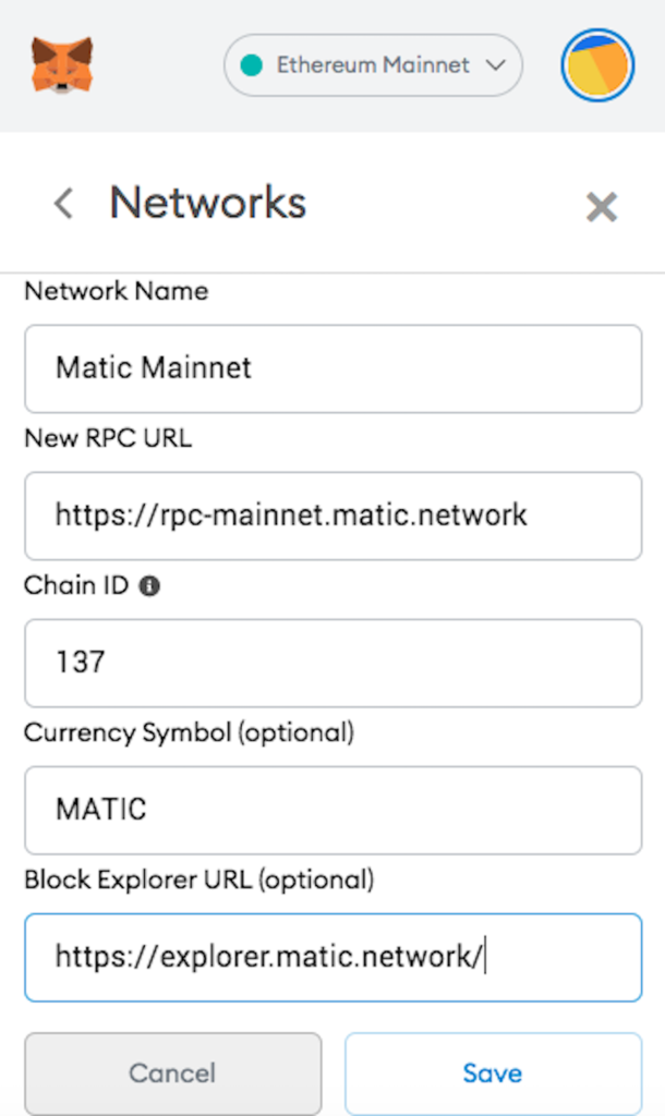 Fill in the Metamask wallet information