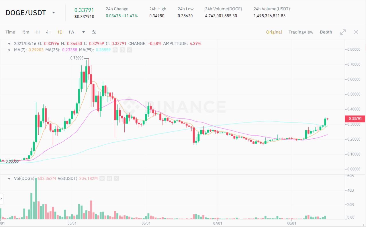 DOGE / USDT price chart.  Source: Binance