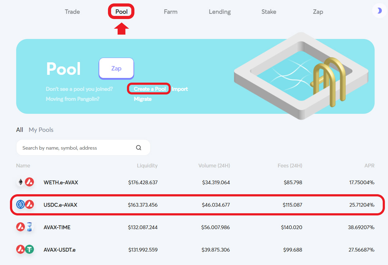 Access the Liquidity Pool section as follows