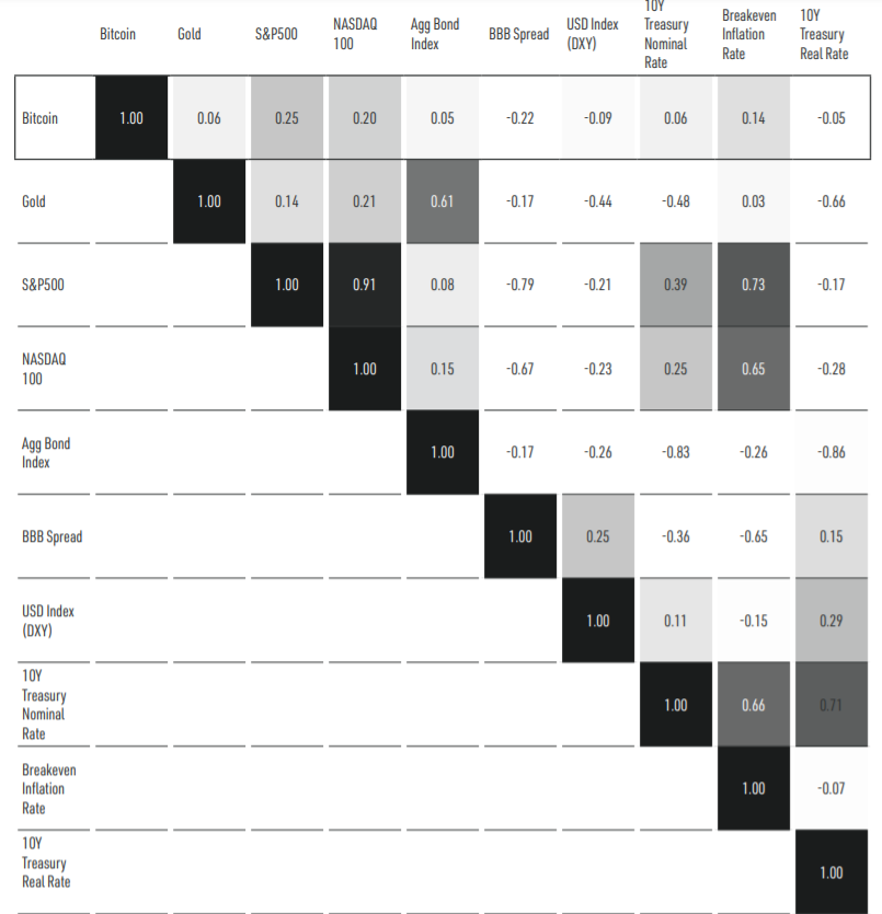 Return correlation between assets.  Source: NYDIG