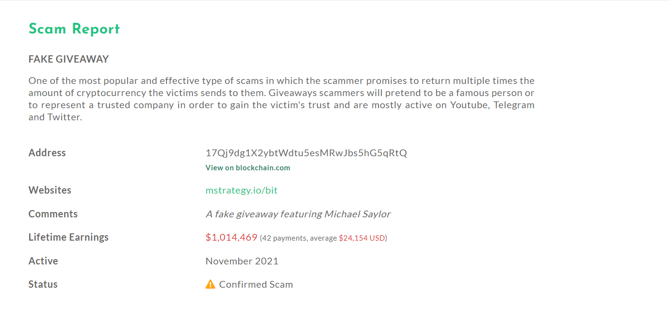 Warning address of the scam wallet impersonating the CEO of MicroStrategy.  Source: WhaleAlert