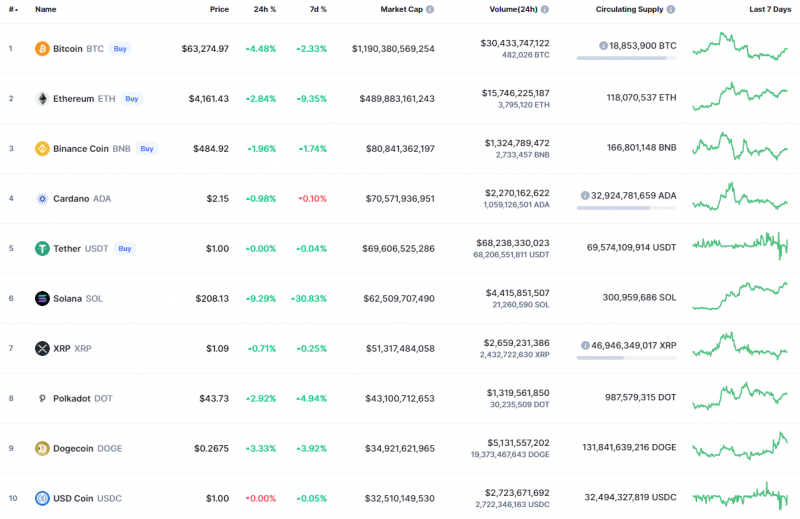 Top Coins According to CoinMarketCap