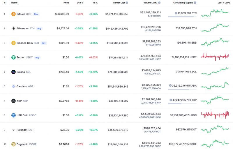 Top Coins According to CoinMarketCap