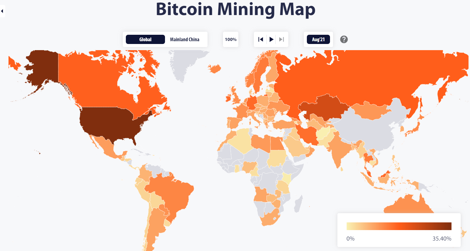 Bitcoin hashrate map in August 2021