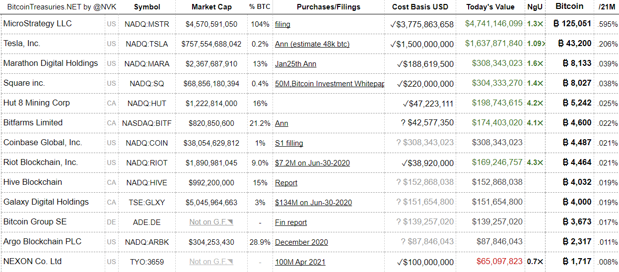 Investments in bitcoin and holdings of many of the major giants.  Source: Bitcoin Treasury