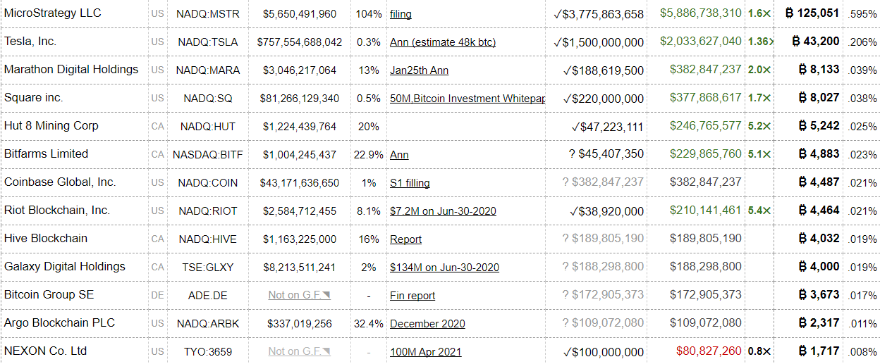 Investments in bitcoin and holdings of many of the major giants.  Source: Bitcoin Treasury