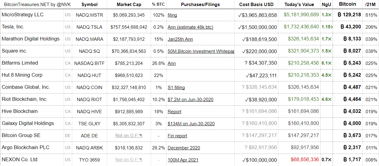 Investments in bitcoins and holdings of large companies.  Source: Bitcoin Treasury