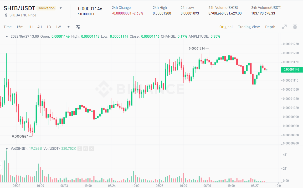 1H chart of the SHIB / USDT price.  Source: Binance