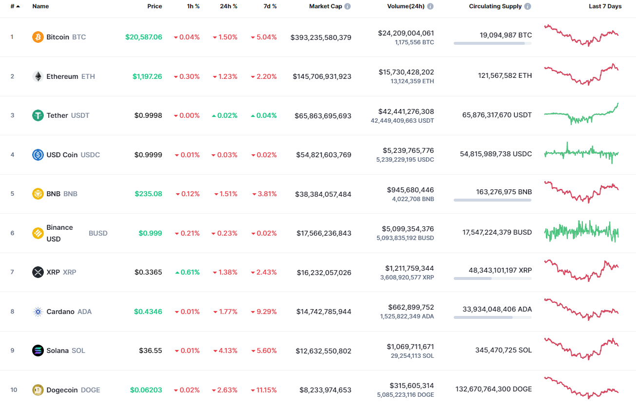 Top Coins According to CoinMarketCap