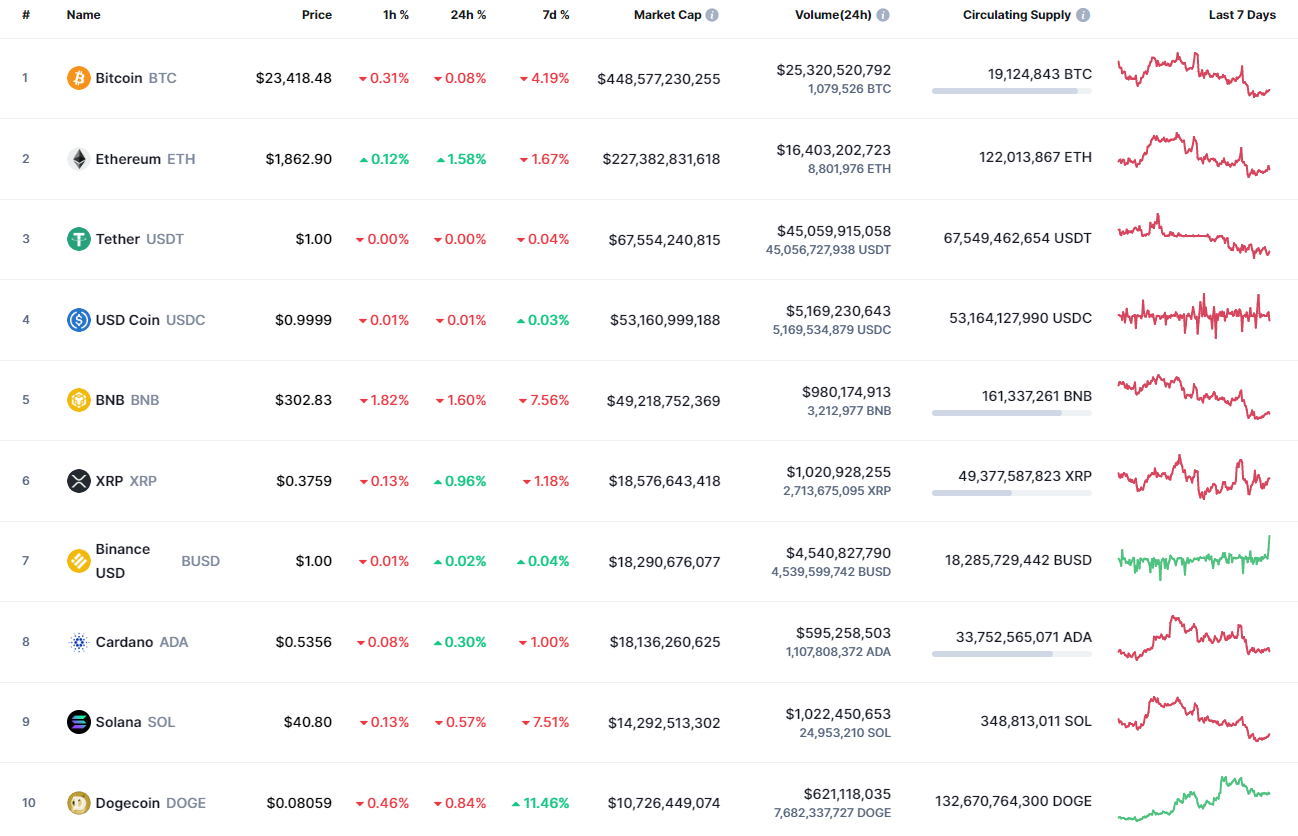 Top Coins According to CoinMarketCap