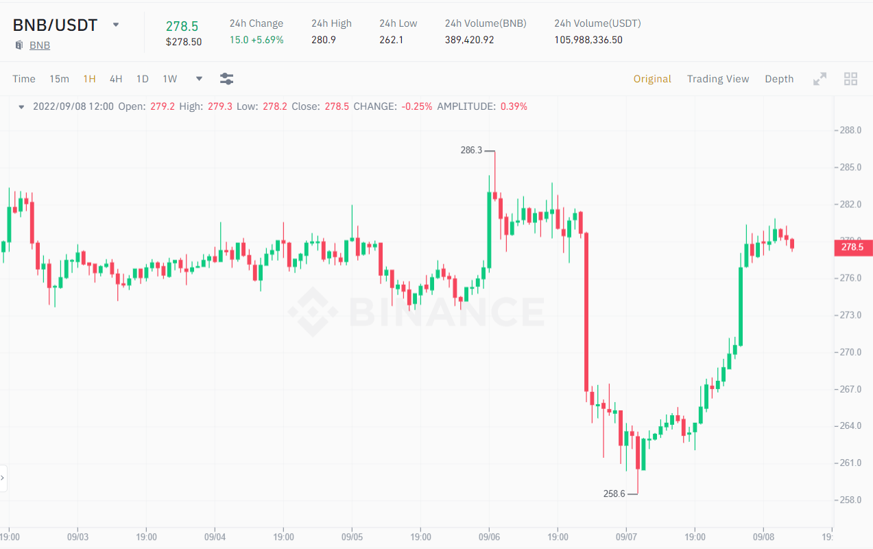 1H chart of the BNB / USDT price.  Source: Binance