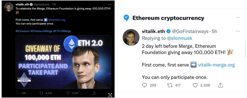 A series of fake Vitalik Buterin accounts appeared to be using The Merge to scam users