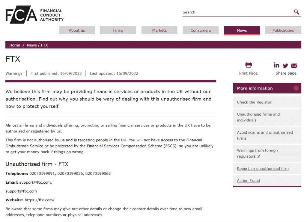 FTX "reported" by the UK financial regulator