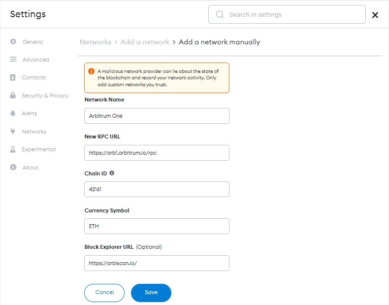 Configuring Network Aribtrum One on MetaMask