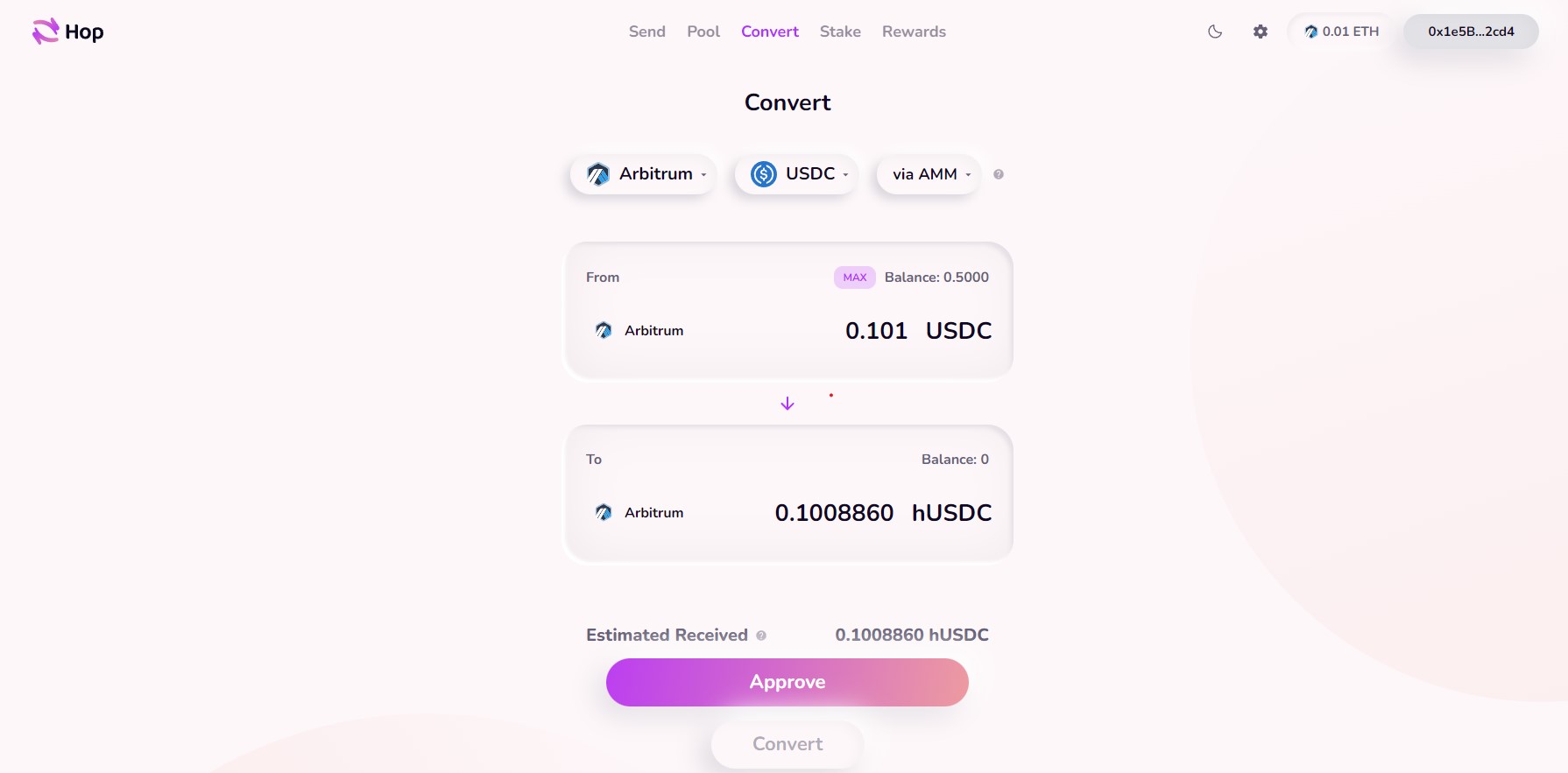 Convert USDC on Hop exchange