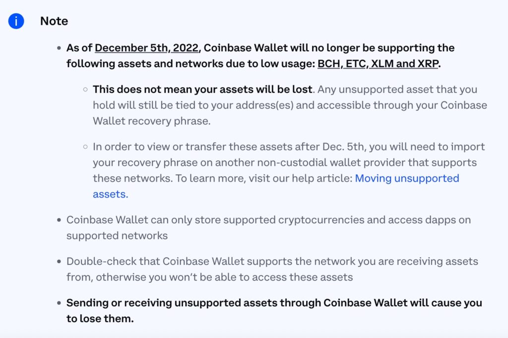 Coinbase wallet stops supporting BCH, ETC, XRP and XLM