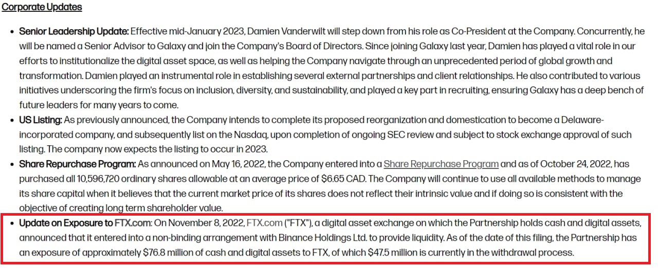 Galaxy Digital's partnership update in Q3 2022 report mentions FTX.  Source: Investor.galaxy.com