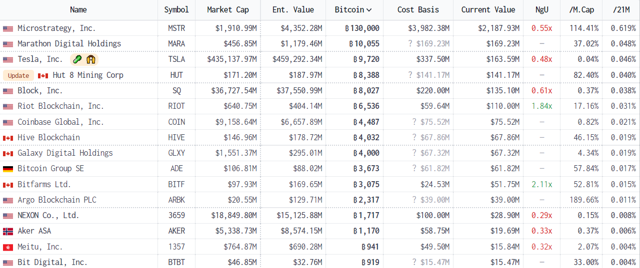 Main investments in Bitcoin and holdings of listed companies.  Source: Bitcoin Treasures