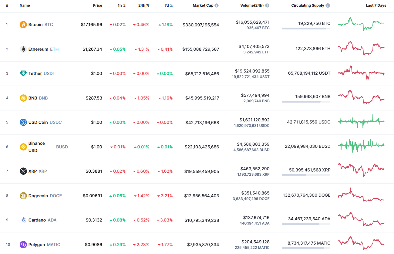 Top Coins According to CoinMarketCap