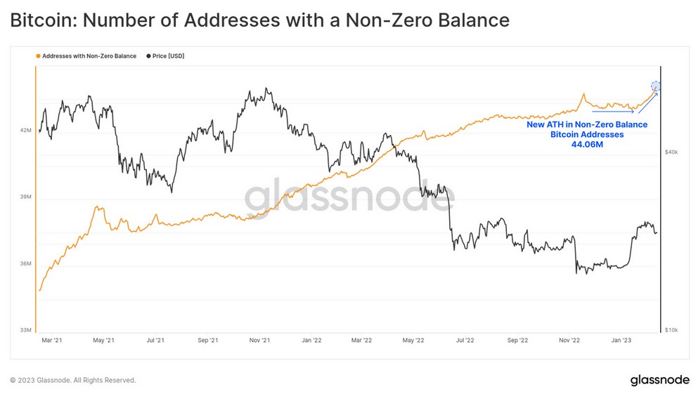 Statistics on the number of Bitcoin addresses with non-zero balances are soaring.  Source: Glassnode