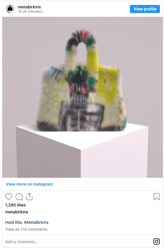 Mason Rothschild's MetaBirkin has been advertised throughout social media and on blogs and websites, in addition to OpenSea (Source: Instagram)