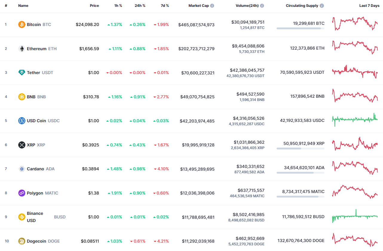 Top Coins According to CoinMarketCap