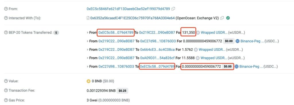 Someone exchanged 131,350 USDR for 0 USDC