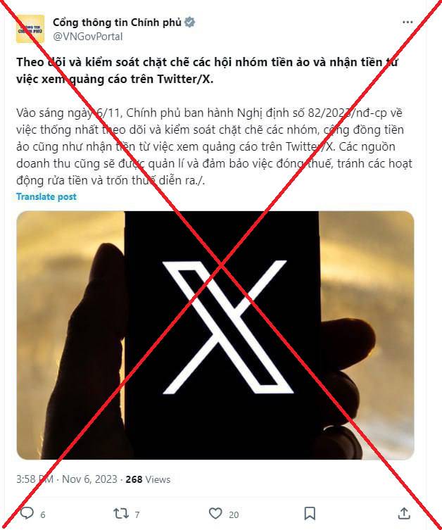 False information appears about the Vietnamese government wanting to be able to make money from X (Twitter) and virtual currency groups