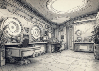 futuristic office ink drawing