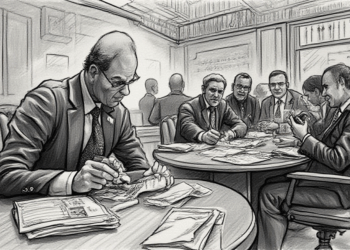 ink drawing tense newsroom scene