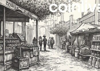 crypto market stall ink drawing