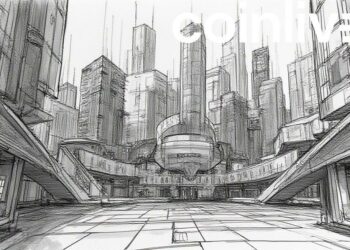 futuristic financial hub ink drawing