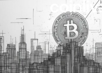 bitcoin rising over cityscape