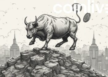 bull balancing bitcoins ink drawing