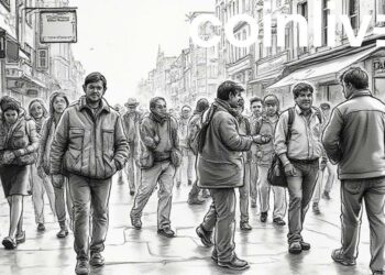 busy street ink drawing