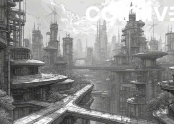 futuristic cityscape ink drawing