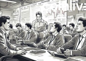 ink drawing bustling trading floor