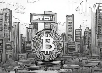 stylized bitcoin cityscape ink